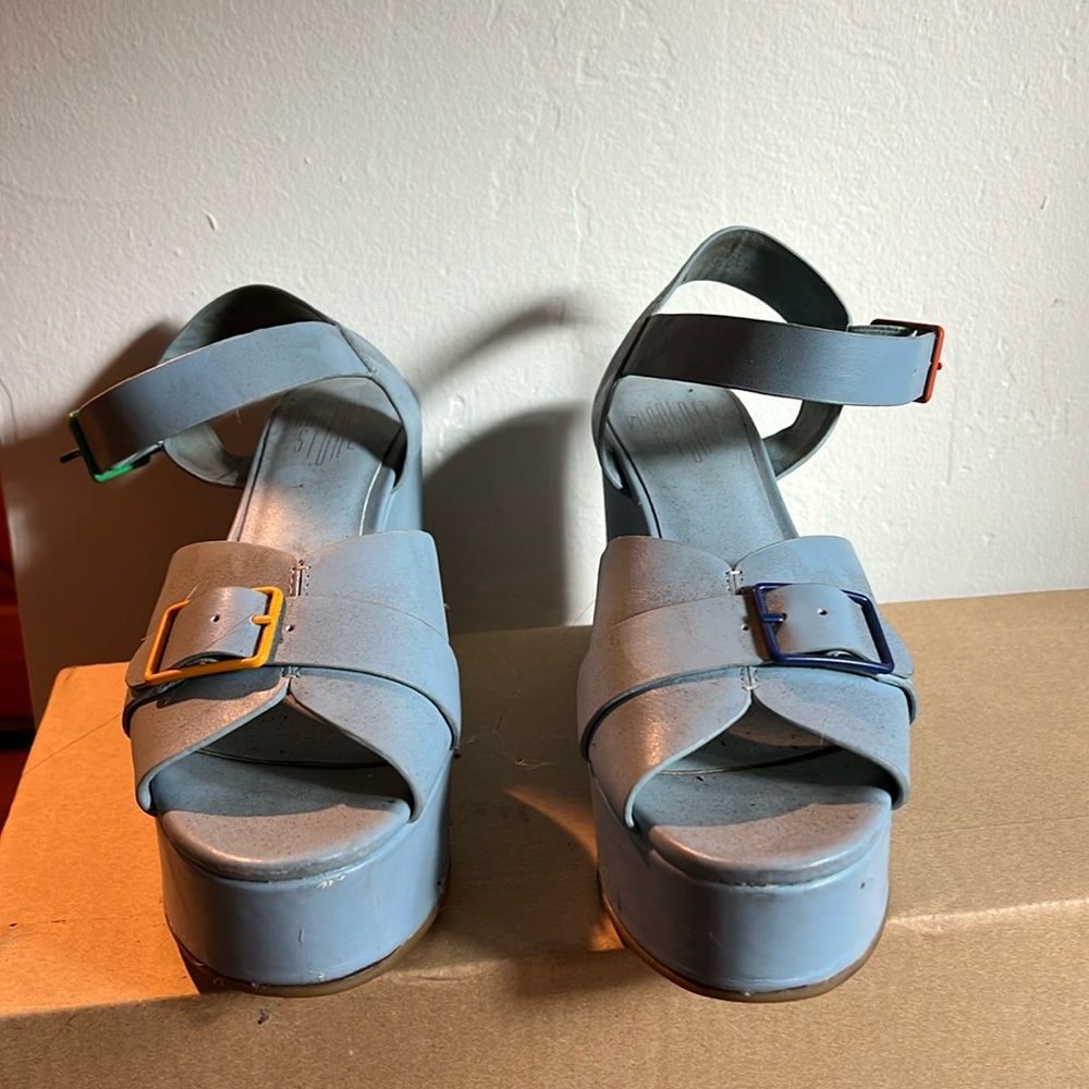 Charlotte Stone RAF baby blue platform sandals with colorful buckles